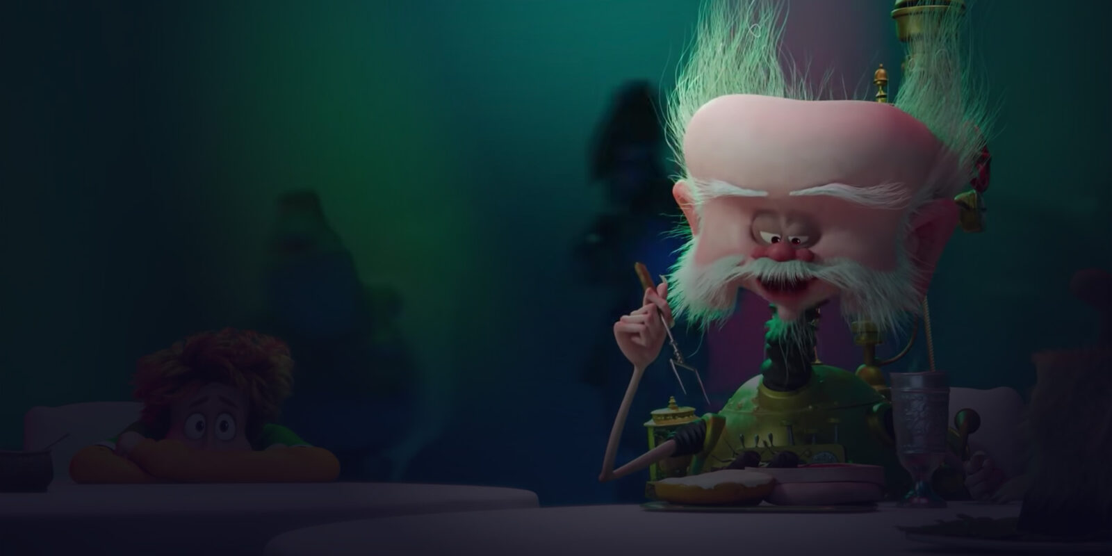 Illustration of an animated man with a big bald head sitting at a table and holding cutlery