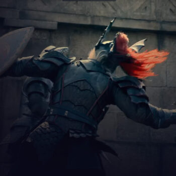 Two knights fighting while holding a sword with one hand and a shield with the other