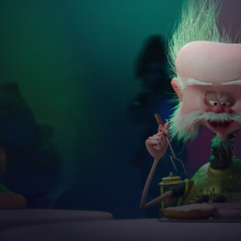 Illustration of an animated man with a big bald head sitting at a table and holding cutlery