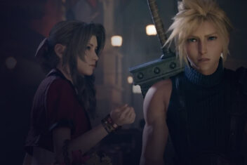 Two characters, one is holding a basket of flowers and the other is carrying a giant sword on his back