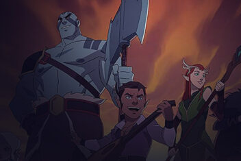 Illustration of a group of characters, one is tall and is holding an axe, one is holding a guitar and the other is holding a wand