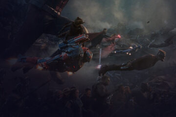 Characters Flying in the middle of dark clouds