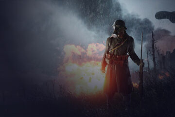 Person wearing a gas mask with flames background