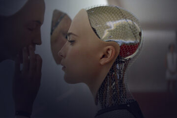Robot woman touching a man's face