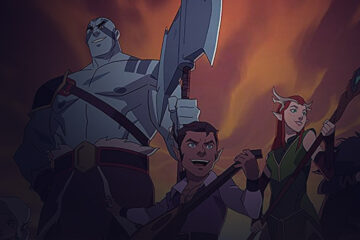 Illustration of a group of characters, one is tall and is holding an axe, one is holding a guitar and the other is holding a wand
