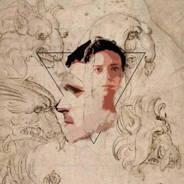 Digital Velvet composers face illustration on a paper with gargoyles sketches