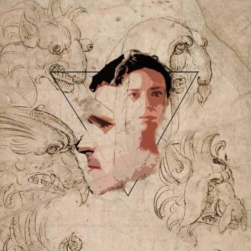 Digital Velvet composers face illustration on a paper with gargoyles sketches