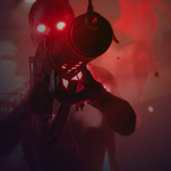 Person with eyes that radiant red light, holding and pointing a gun