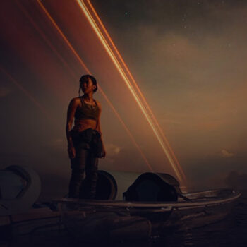 Woman standing on a boat in the middle of the ocean with a background of red light beams in the sky