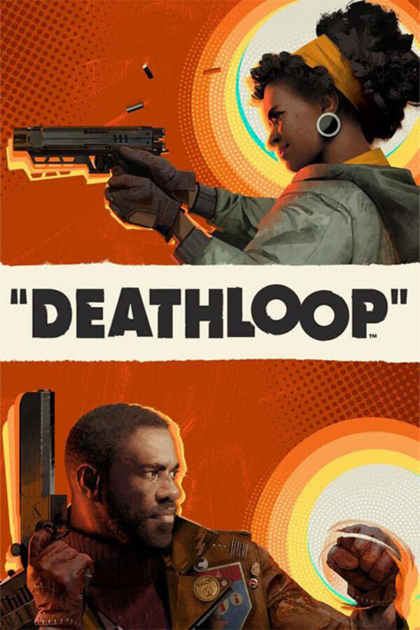 Deathloop poster. On top, illustration of a woman's profile shooting her gun and below a profile of a man holding his gun with one hand, and closing his fist with the other.